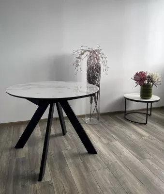 Стол БОНЖУР 100 БЕЛЫЙ МРАМОР, стекло, черная шагрень / ЧЕРНЫЙ каркас М-City