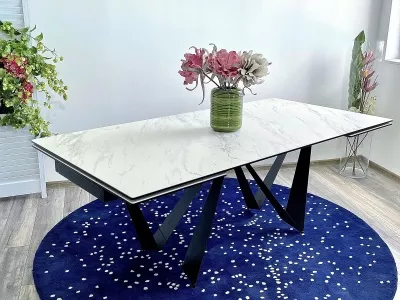 Стол RIETI 200 KL-99 Белый мрамор матовый, итальянская керамика / черный каркас, ®DISAUR