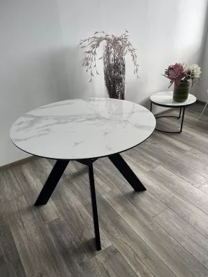 Стол БОНЖУР 100 БЕЛЫЙ МРАМОР, стекло, черная шагрень / ЧЕРНЫЙ каркас М-City