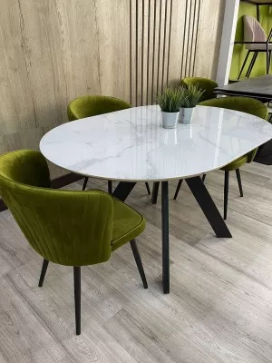 Стол БОНЖУР 100 БЕЛЫЙ МРАМОР, стекло, черная шагрень / ЧЕРНЫЙ каркас М-City